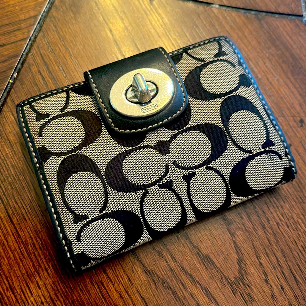 Vintage Coach Wallet Small Black Canvas Signature Leather Turnlock Bifold Clutch